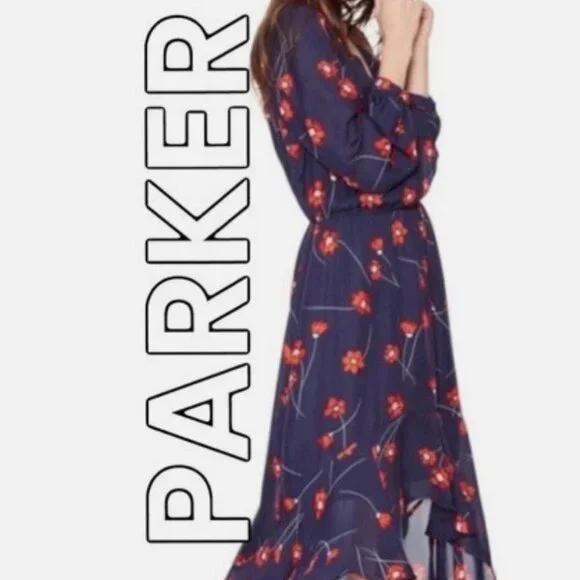 Parker Verity Maxi Dress Silk Button Front High Low Hem Floral Navy Blue Medium - Picture 11 of 12